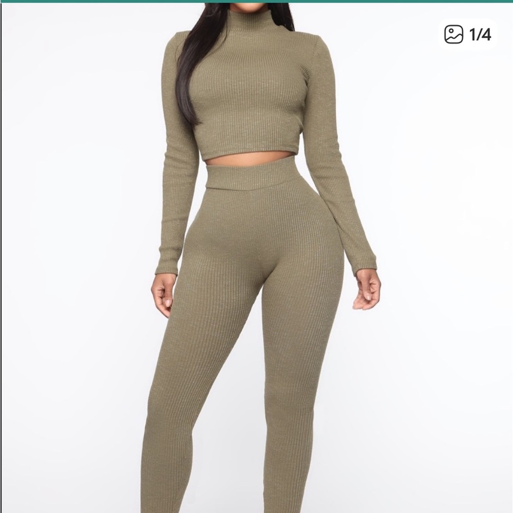 Fashion Nova Olive Ribbed Two-Piece Set